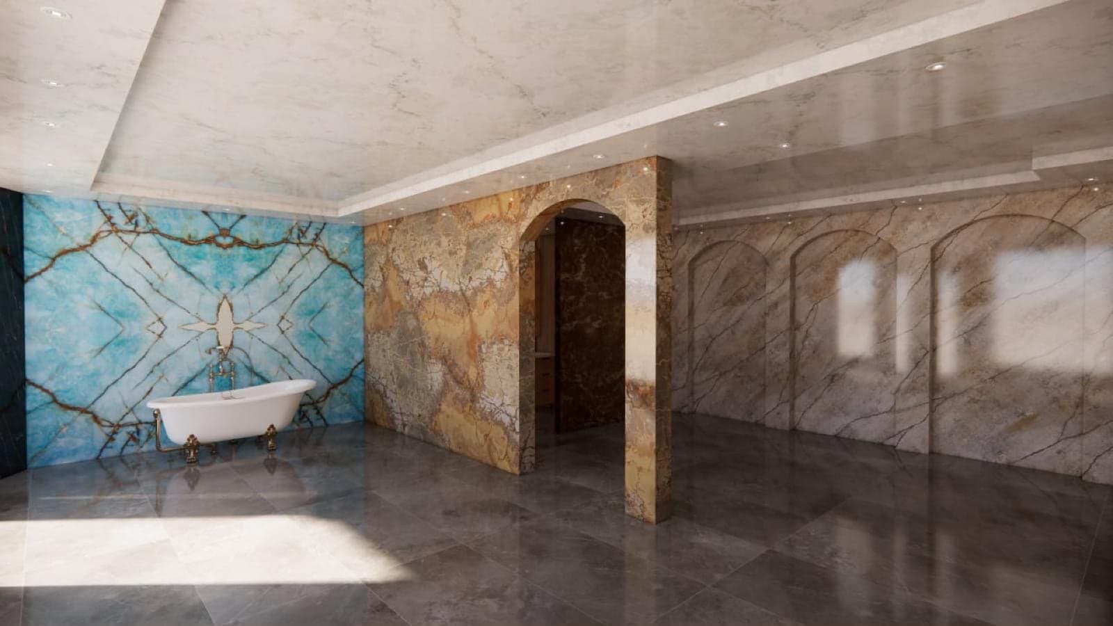 Vue d'ensemble de la suite : panneau de marbre azur, arche en marbre doré et sol poli